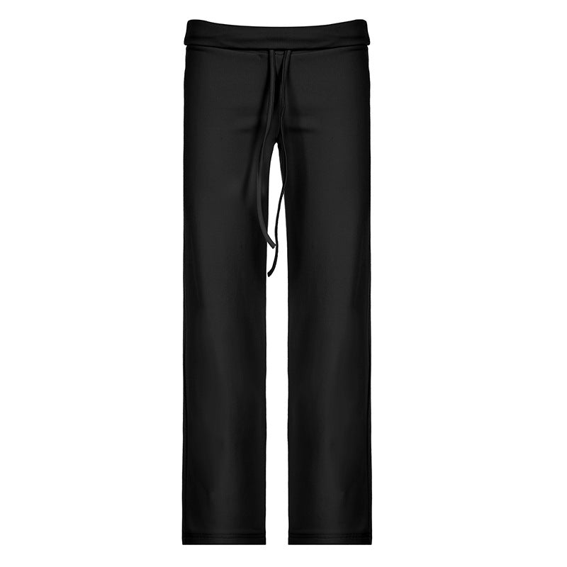 Women's soft high-waist lounge pants made of cotton blend with elastic comfort waistband, drawstring, and straight leg Mune Fashion