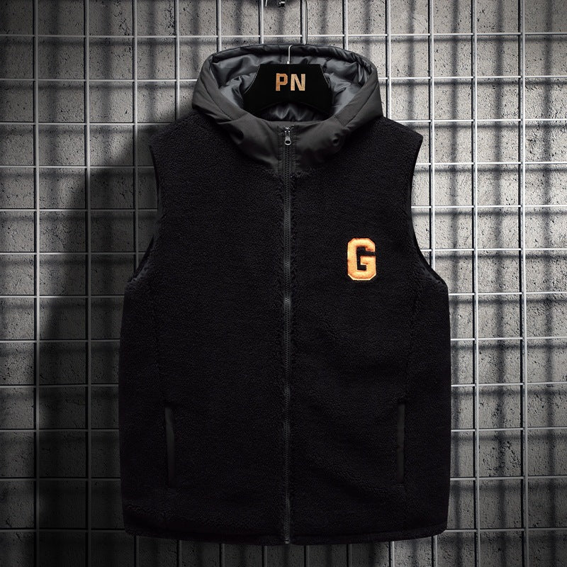 Men's Padded Teddy Fleece Vest with Hood, Full Zip and Letter Patch Mune Fashion