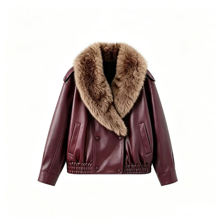 Women's short jacket made of leather look with large faux fur collar Drune