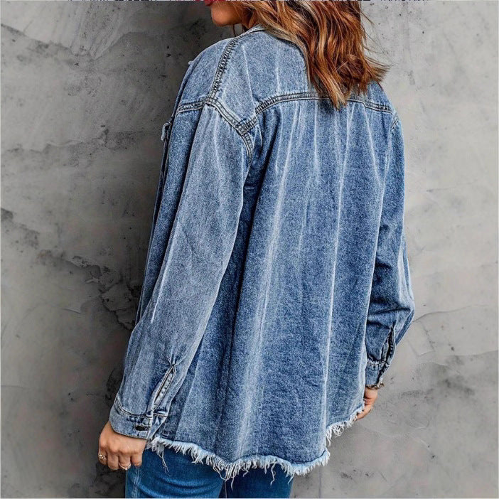Women's Oversized Denim Jacket with Flap Pockets, Used Look and Raw Hem Mune Fashion
