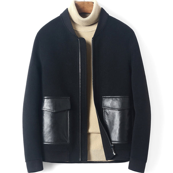 Men's Zip Woolblend Jacket with Leather Collar and Slim Silhouette Mune Fashion