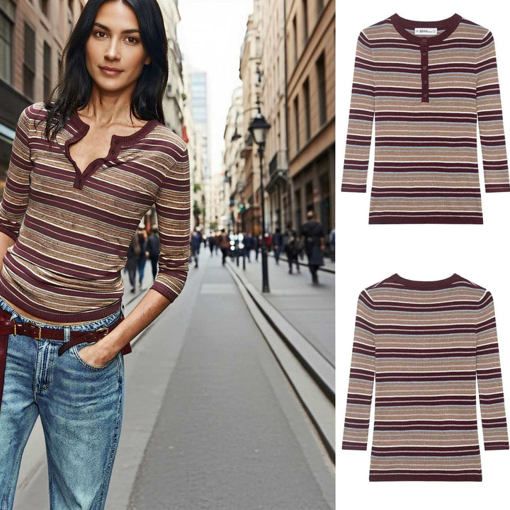 Women's ribbed long sleeve with Henley button placket and fine stripe pattern Mune Fashion