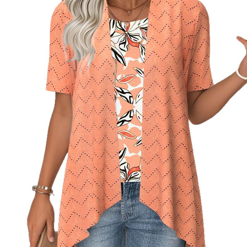 Women's Ajour knit cardigan with asymmetrical pointed hem and short sleeves Mune Fashion