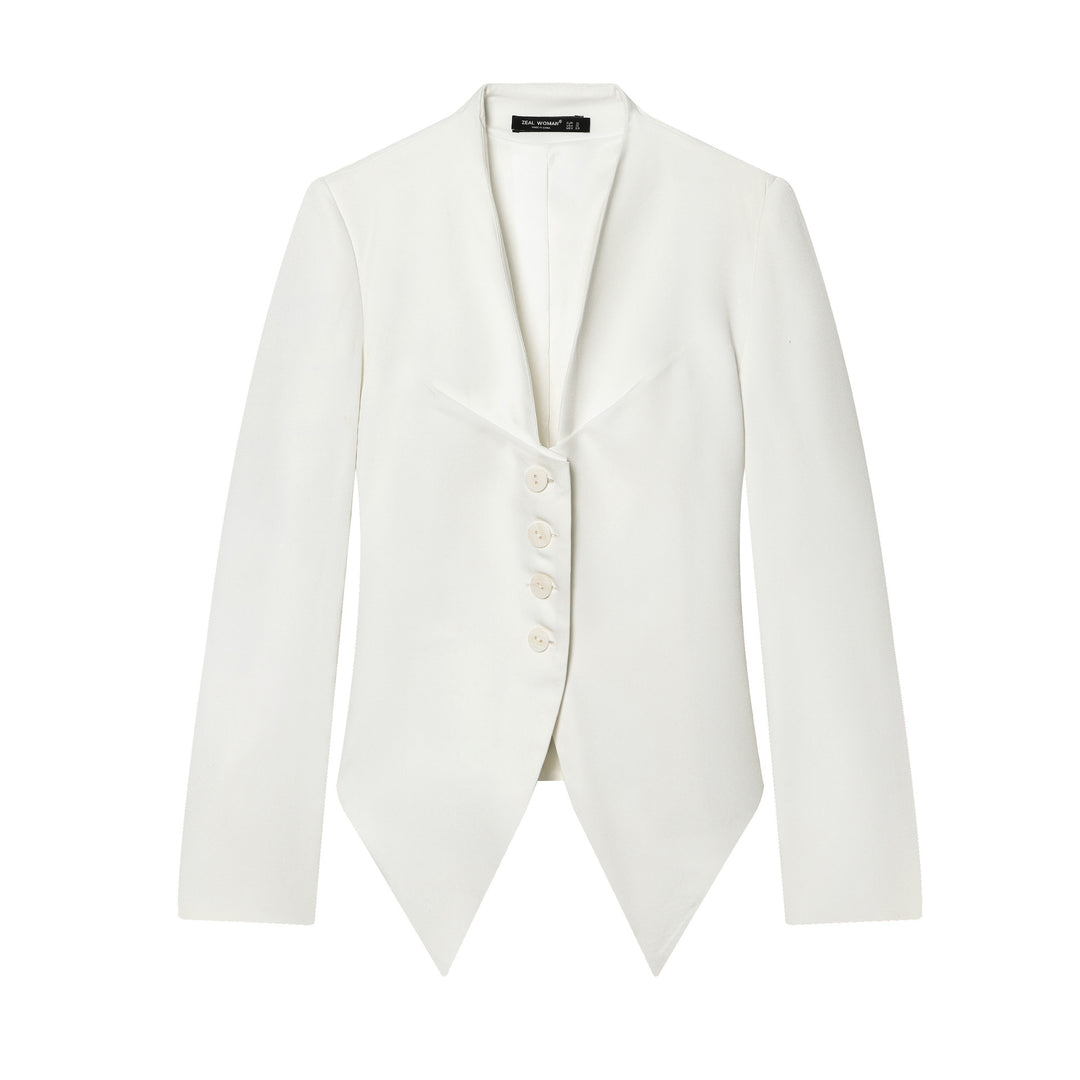 Women's tailored blazer with shawl collar, fitted button placket, and pointed asymmetrical hem Mune Fashion