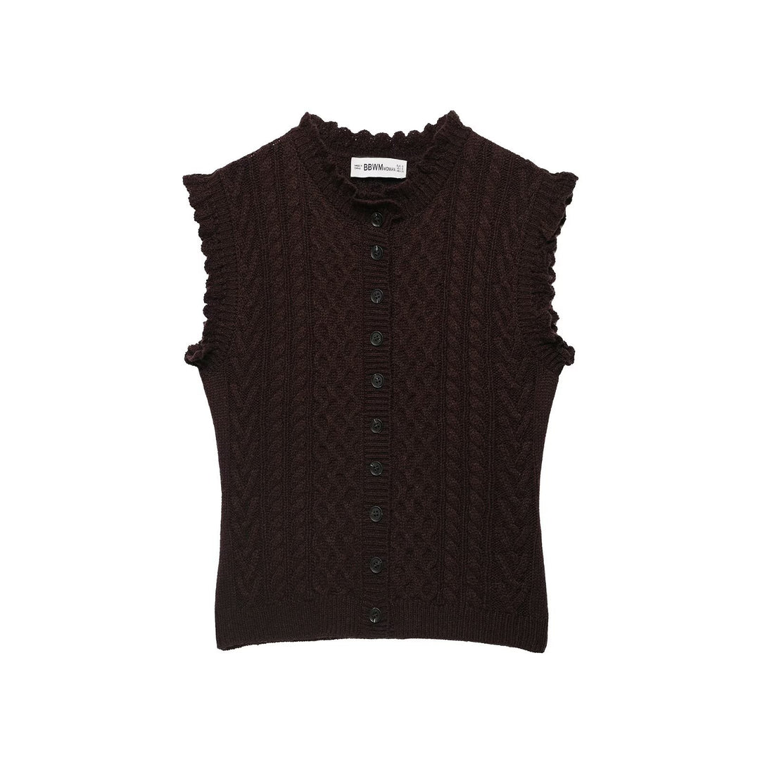 Women's Sleeveless Cable Knit Vest with Button Placket and Ruffled Hem Mune Fashion
