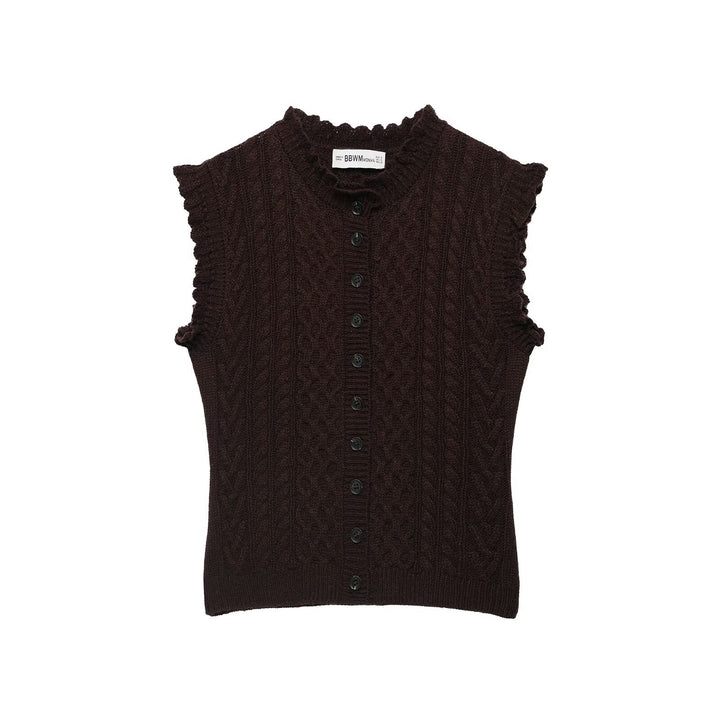 Women's Sleeveless Cable Knit Vest with Button Placket and Ruffled Hem Mune Fashion