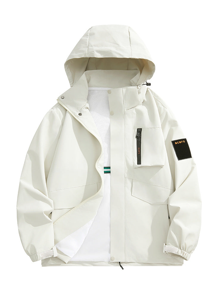 Men's multifunctional utility outdoor jacket with hood, concealed pocket flaps and wind-resistant coating Mune Fashion
