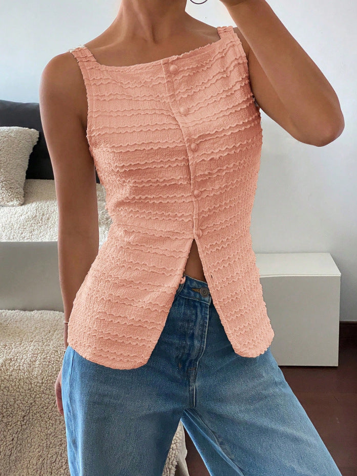 Women's sleeveless structured top with decorative button placket and front slit Mune Fashion
