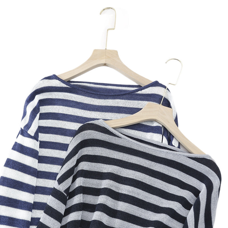 Women's casual oversized knit sweater with boat neck and maritime striped design Mune Fashion