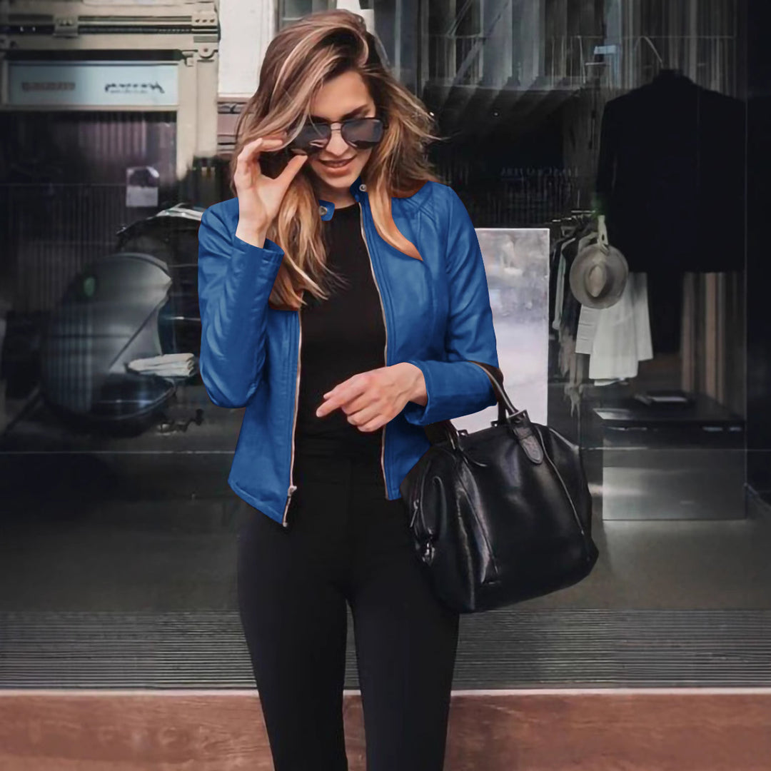 Ladies fitted faux leather biker jacket with stand-up collar and decorative seams Mune Fashion