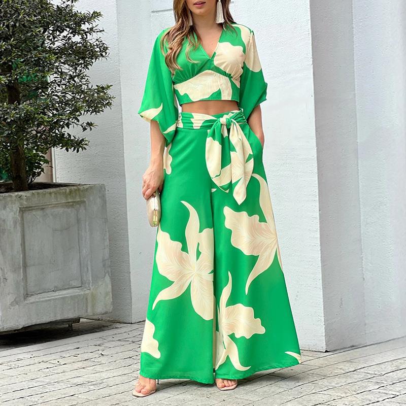 Women's Two-Piece Summer Set with Wrap Crop Top and High-Waist Palazzo Pants EB