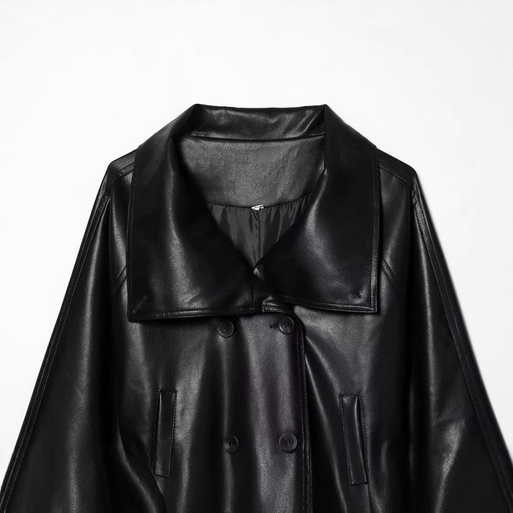 Women's Short Cut Double-Breasted Faux Leather Blouson with Waist Belt and Wide Lapel Collar Mune Fashion