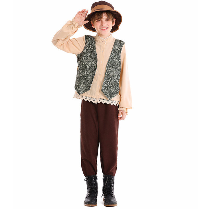 Unisex nan children's costume set with embroidered paisley vest and ruffled blouse Mune Fashion