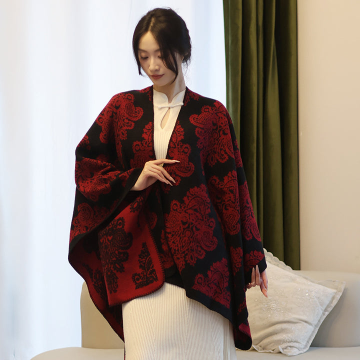 Women Oversized Wrap Cape with Double-Sided Jacquard and Asymmetric Zip Hem Mune Fashion