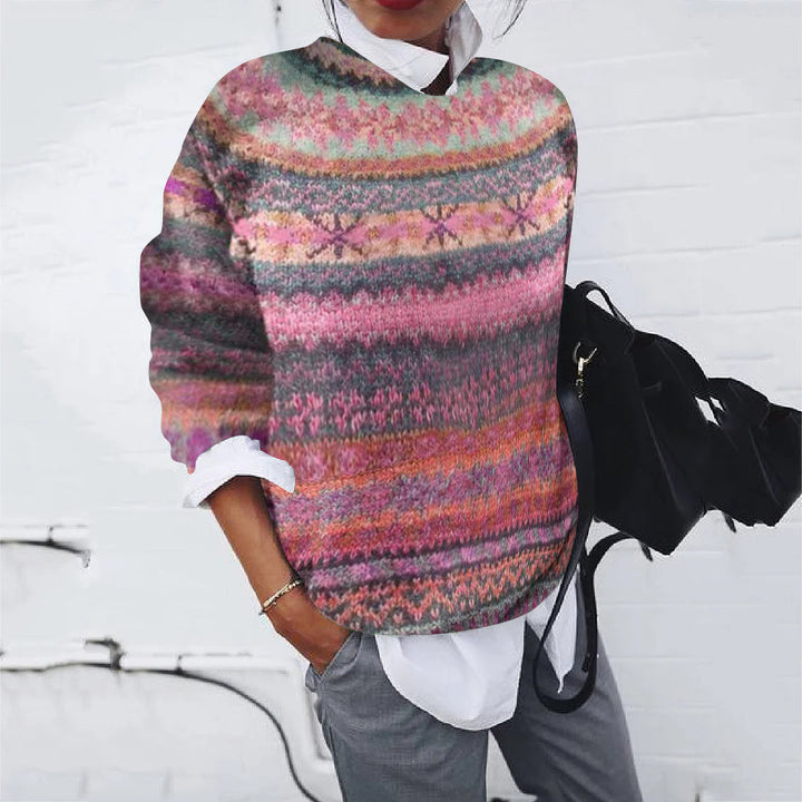 Women Loose Fair Isle Knit Sweater with Round Neck