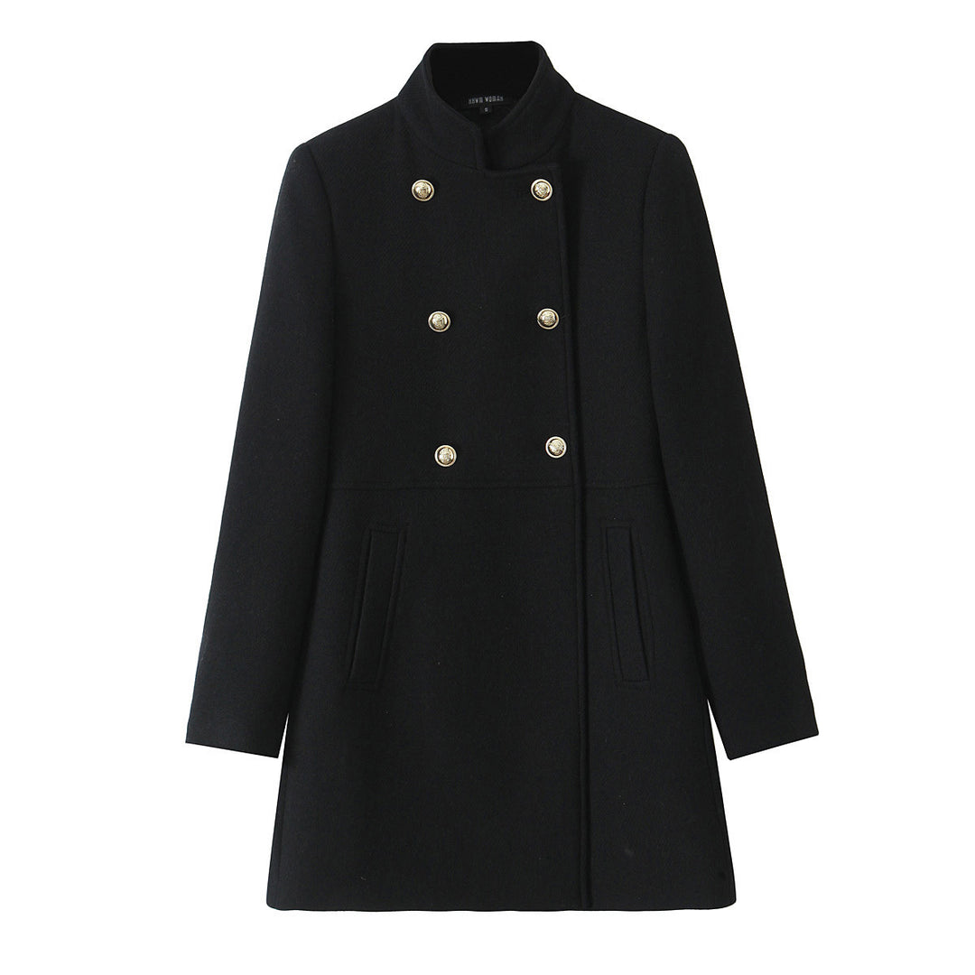Women Double-breasted Wool Coat with Stand-up Collar and Decorative Buttons Mune Fashion