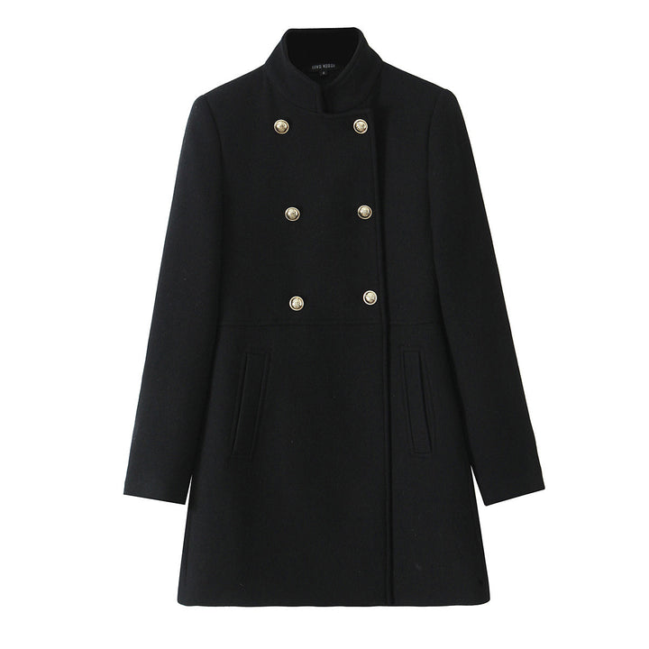 Women Double-breasted Wool Coat with Stand-up Collar and Decorative Buttons Mune Fashion