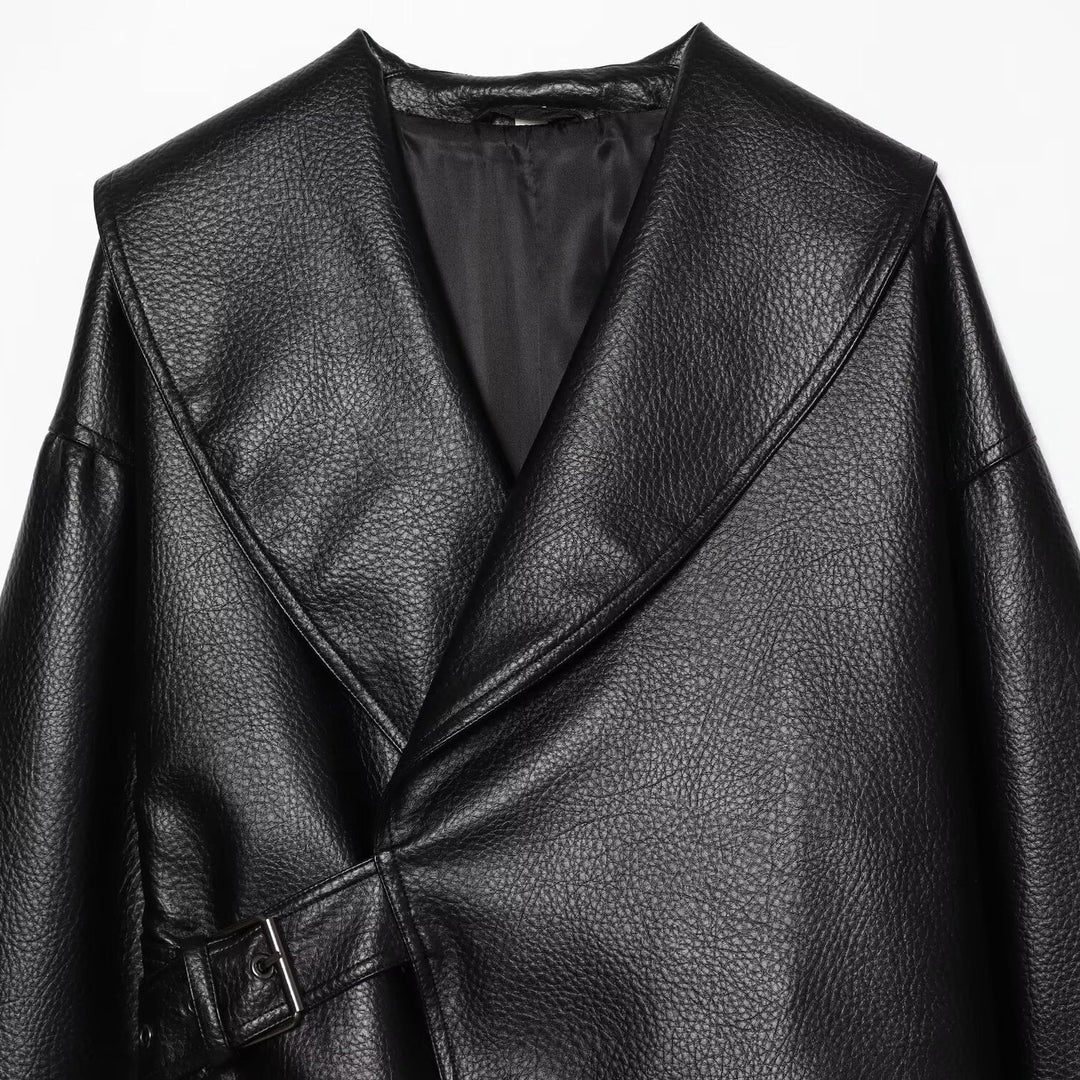 Women's Cropped Leather-Look Jacket with Oversized Shawl Collar and Tailoring Buckle Belt Mune Fashion