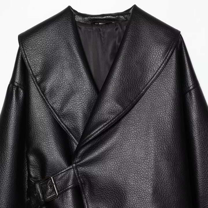 Women's Cropped Leather-Look Jacket with Oversized Shawl Collar and Tailoring Buckle Belt Mune Fashion