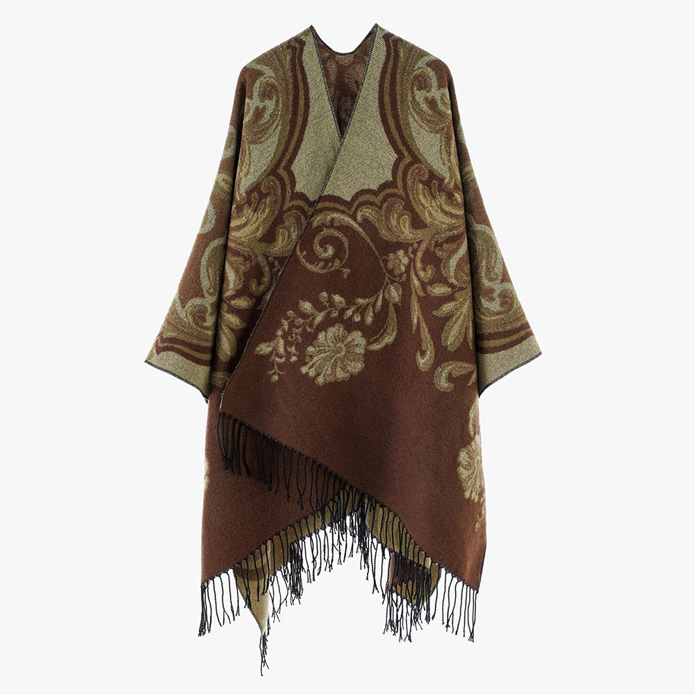 Women Jacquard Poncho Wrap in Baroque Pattern with Fringes Mune Fashion
