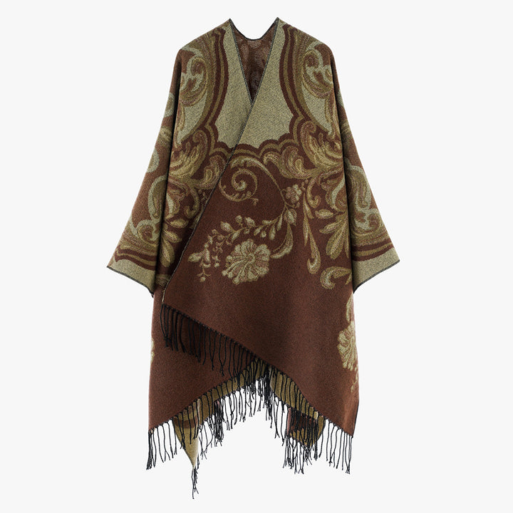 Women Jacquard Poncho Wrap in Baroque Pattern with Fringes Mune Fashion