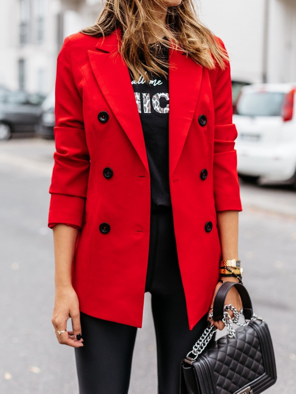 Women nan tailored long blazer with double-breasted button placket, lapel collar and patch pockets Mune Fashion