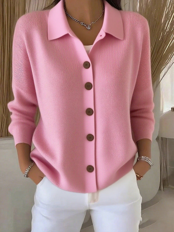 Women's fine knit cardigan with shirt collar and full button placket Mune Fashion