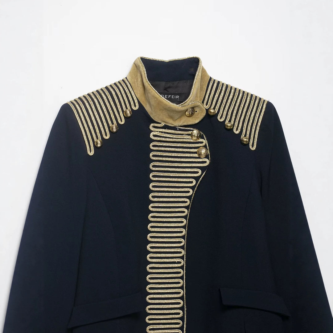 Women's Cropped Military Jacket in Parade Look with Gold Cord Decoration and Velvet Cuffs Mune Fashion