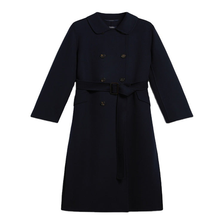 Women's long coat in a minimalist coat dress look with concealed double row and fabric belt Mune Fashion