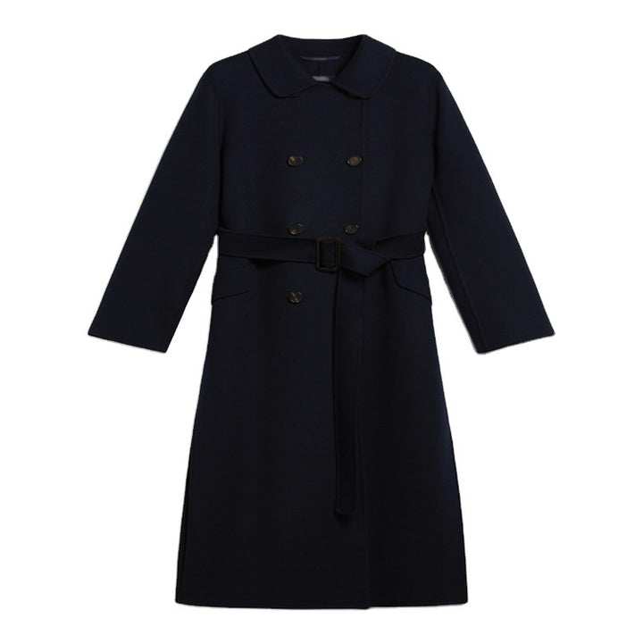 Women's long coat in a minimalist coat dress look with concealed double row and fabric belt Mune Fashion