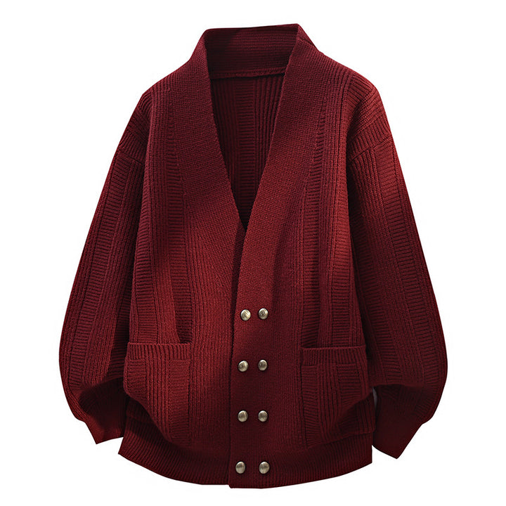 Women's Oversized Knit Cardigan with Shawl Collar, Double-Breasted Button Placket & Pockets Mune Fashion