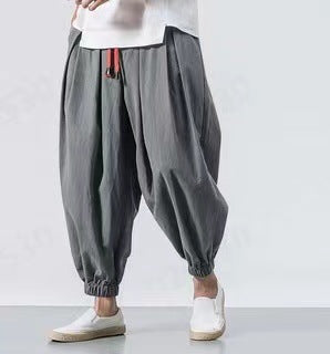 Men's loose harem pants with drawstring, elastic cuffs, and light cotton-linen blend Mune Fashion