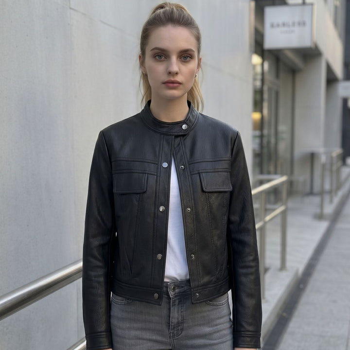 Women's Short Cut Leather Jacket with Stand-Up Collar and Flap Pockets Mune Fashion