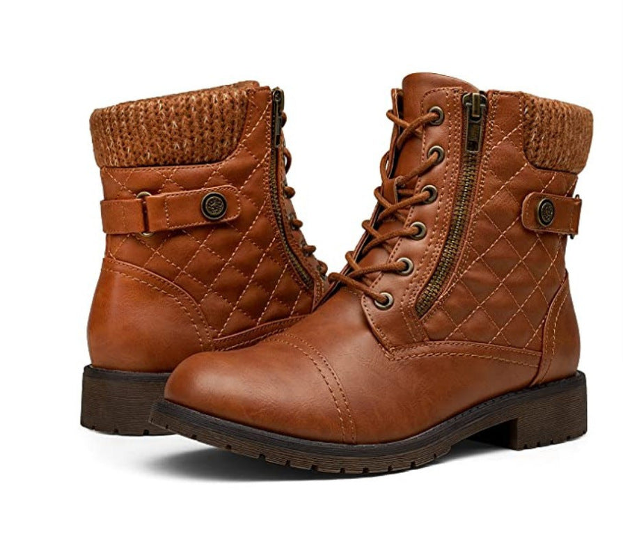 Ladies nan quilted lace-up biker boots with side zipper, padded shaft and sturdy tread sole Mune Fashion