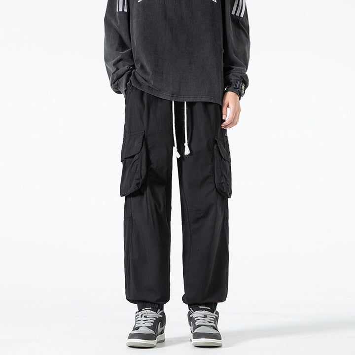 Men's Loose Multifunctional Cargo Joggers with Elastic Drawstring Waistband and Large Flap Pockets Drune