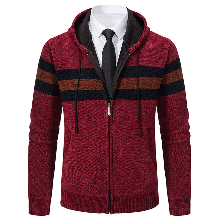 Men's Knitted Hooded Cardigan with Contrast Stripes and Zipper Mune Fashion