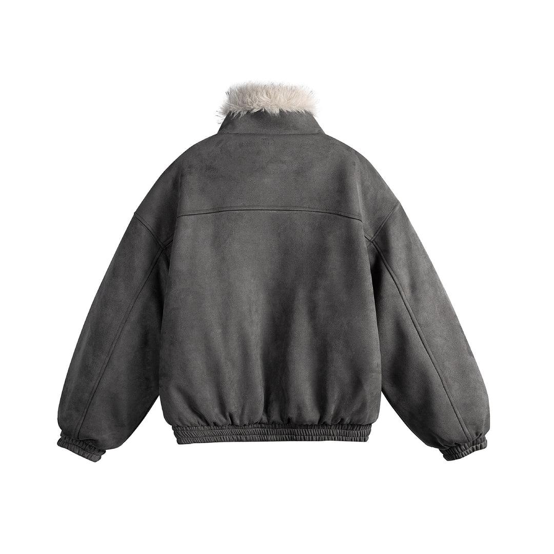 Ladies short cut velour imitation bomber jacket with teddy trim and adjustable neck strap Mune Fashion