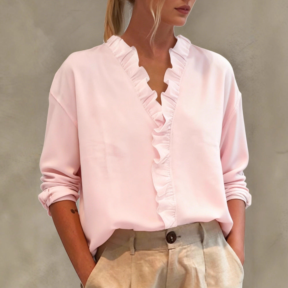 Ladies Elegant V-Neck Blouse with Ruffle Trim and Loose Oversized Cut