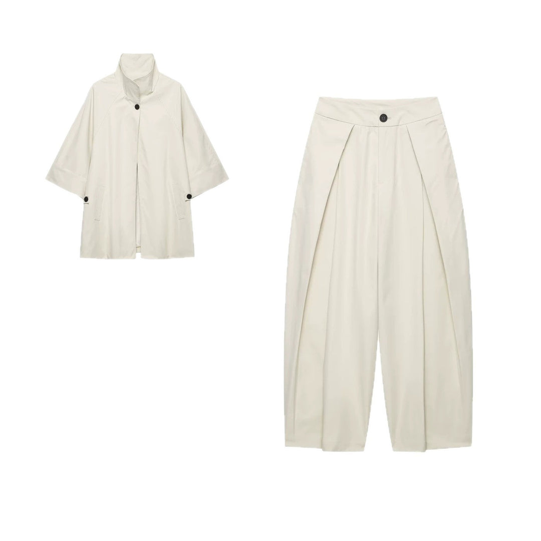 Women's Two-Piece Short Cape Jacket with Stand-Up Collar and High-Waisted Pleated Culottes Mune Fashion