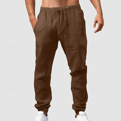 Men's relaxed sporty linen leisure pants with drawstring waistband, elastic ankle cuffs, and side seam pockets Mune Fashion