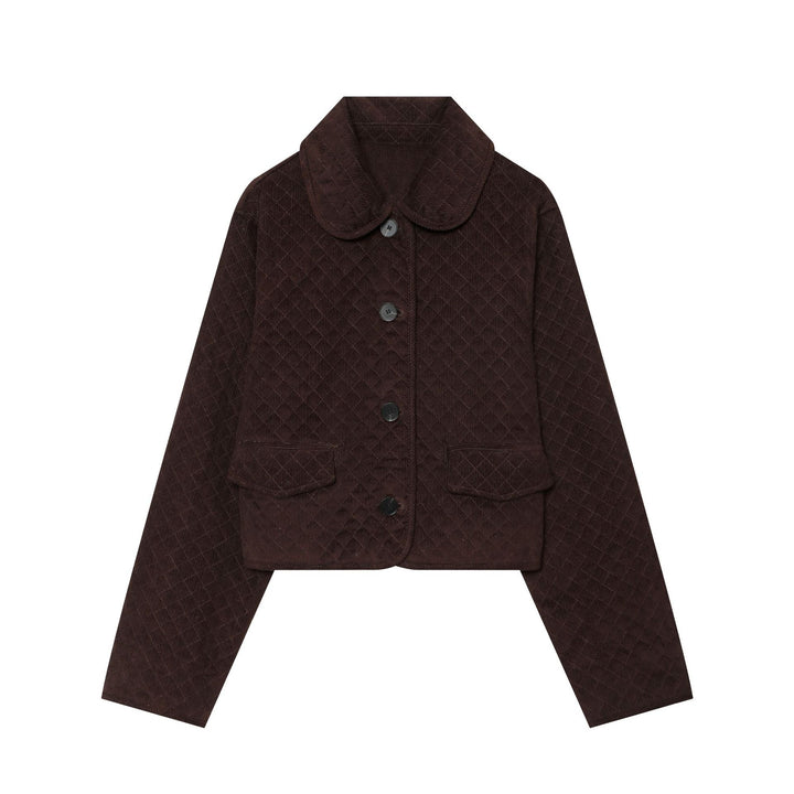 Women's Cropped Quilted Cord Jacket with Rounded Collar and Flap Pockets Mune Fashion