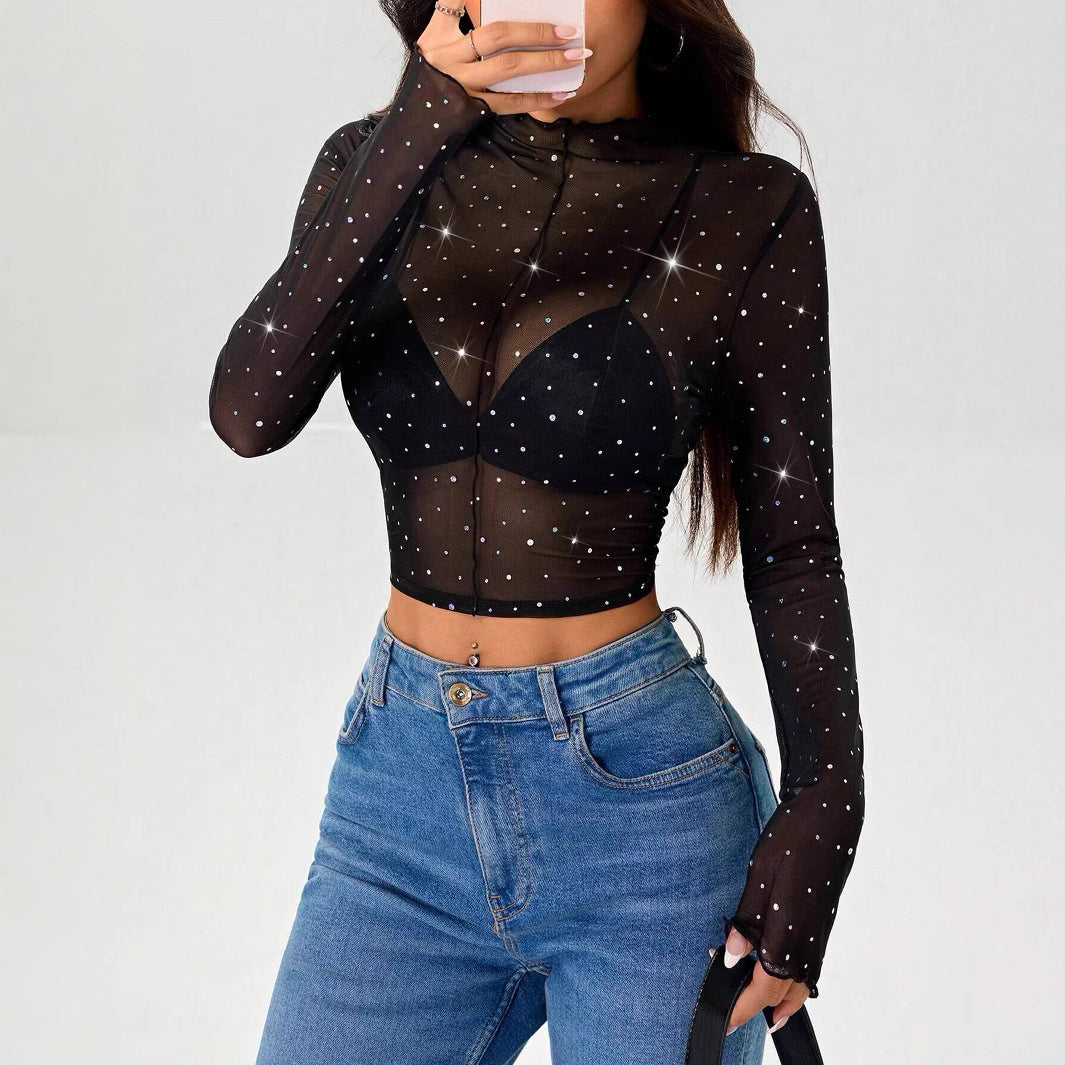 Ladies no-belly sheer net top with sparkling rhinestone appliqués and stand-up collar Mune Fashion