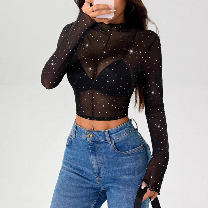 Ladies no-belly sheer net top with sparkling rhinestone appliqués and stand-up collar Mune Fashion