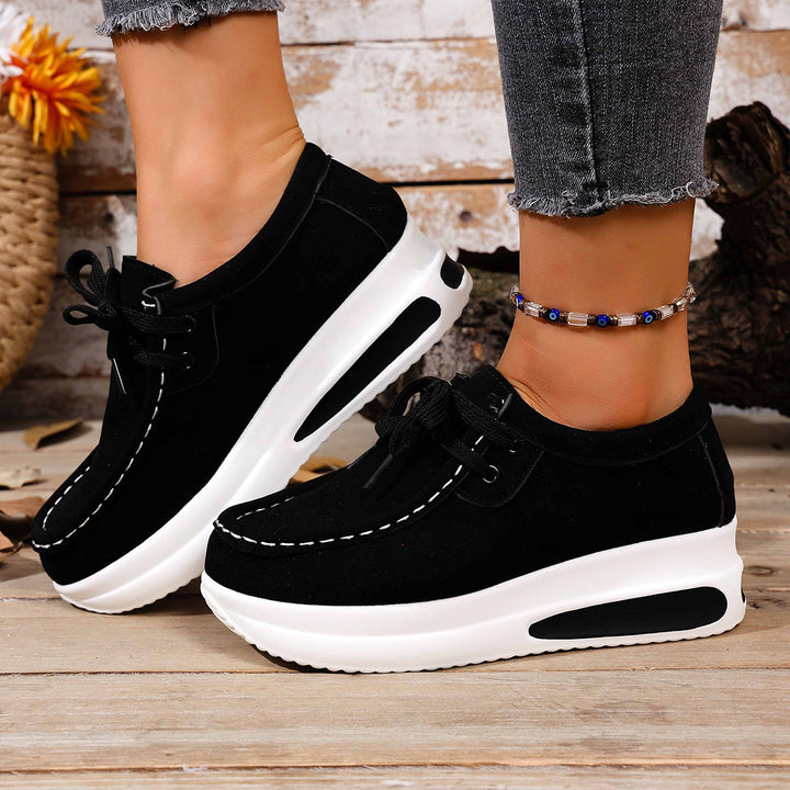 Ladies Velour Moccasin Plateau Sneaker with hidden wedge and padded comfort footbed Mune Fashion