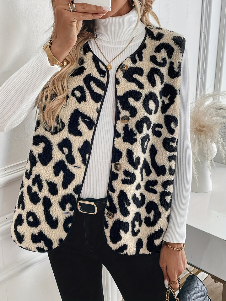 Ladies non-padded teddy vest with leopard print, button placket and quilted inserts Mune Fashion