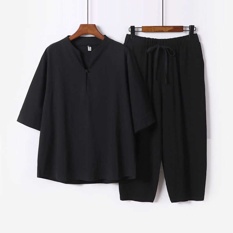 Women Lightweight Linen-Cotton Loungewear Set with Stand Collar, Three-Quarter Sleeves and Elasticated Waist Pants Mune Fashion