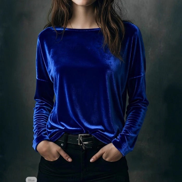 Women's fine velour long-sleeve shirt with boat neckline and boxy silhouette Mune Fashion