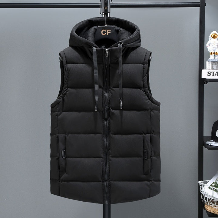 Men's Padded Hooded Vest with Stand-up Collar, Full-length Zipper and Drawstring Mune Fashion