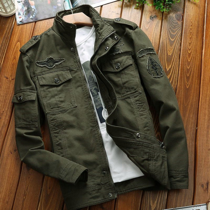 Men's Military Canvas Field Jacket with Patches and Stand Collar Mune Fashion