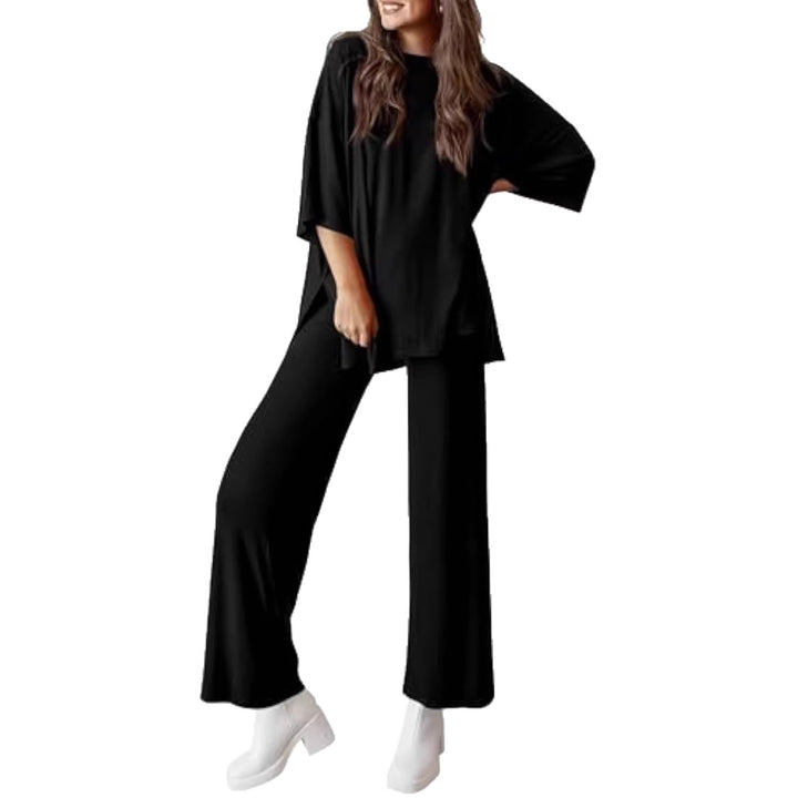 Women's Casual Lounge Set made of Soft Jersey with Oversized Tunic and Wide Palazzo Pants Drune